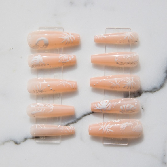 Nude Tropical Print Hand Painted Press On Nails - Picture 2 of 6
